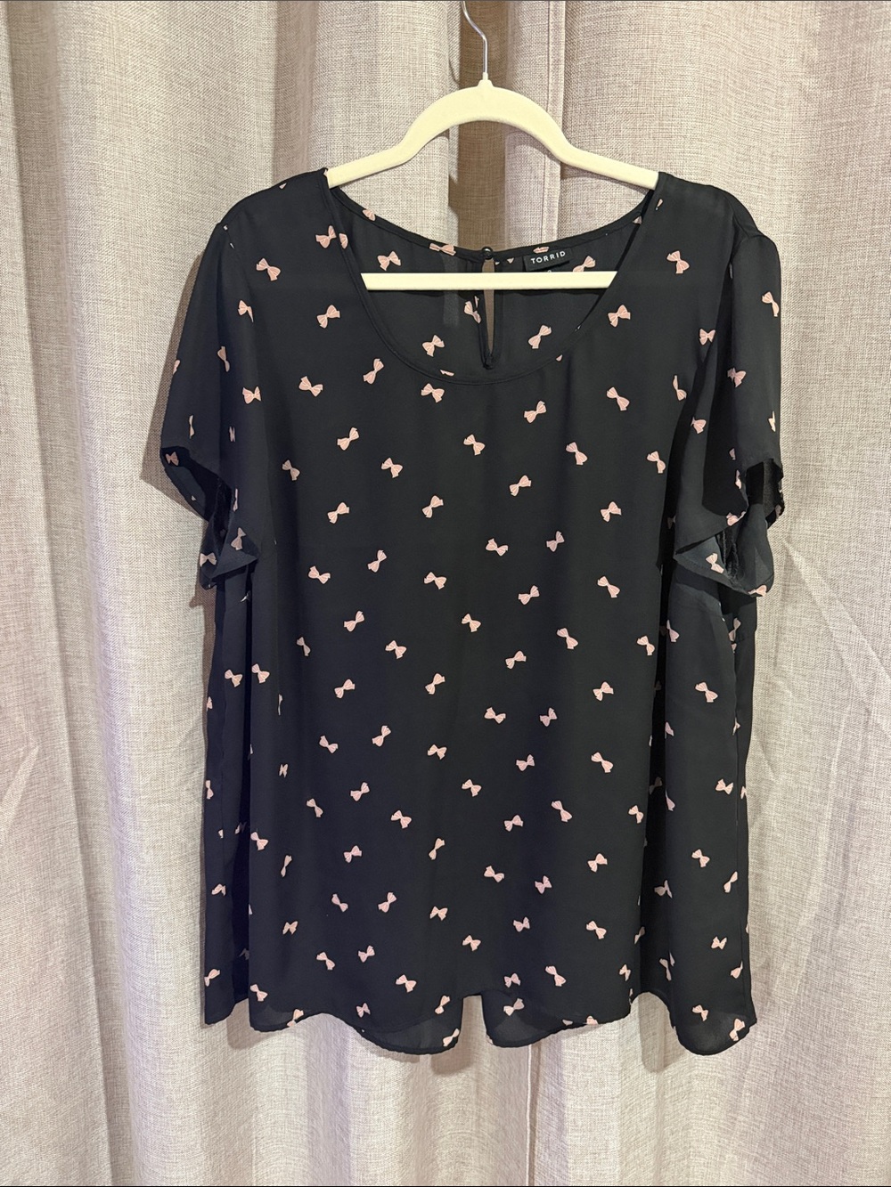 torrid Black Blouse with Pink Bow Print and Flutter Sleeves